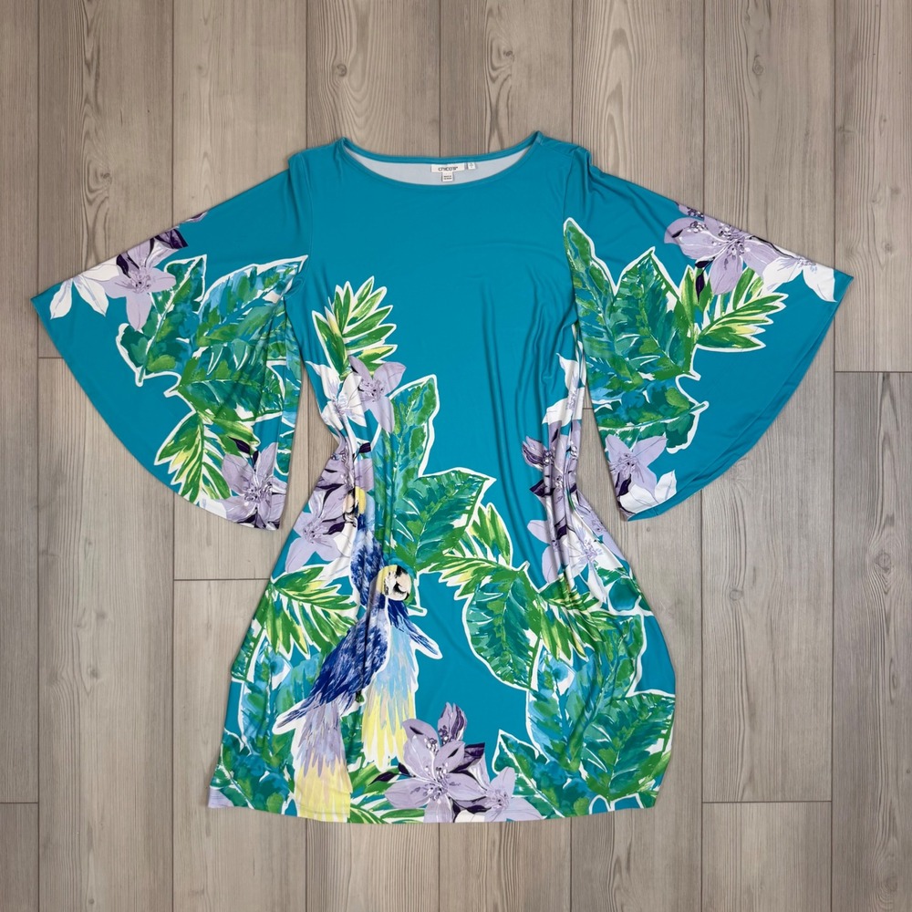 Chicos Teal Tropical Parrot Floral Bell Sleeve Shift Dress Size 2 L 570387210